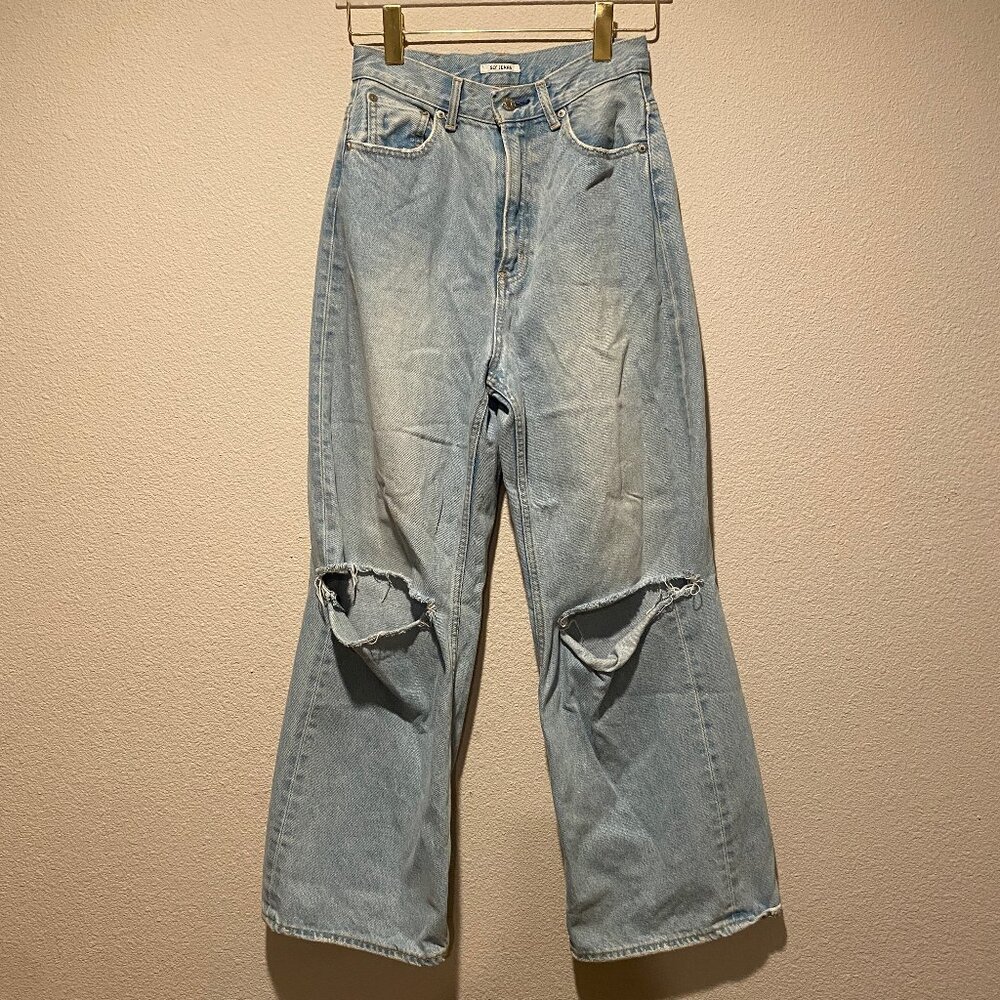 Sly‎ Denim Wide Leg Jeans Distressed Knee Light Wash Size 2 High Rise